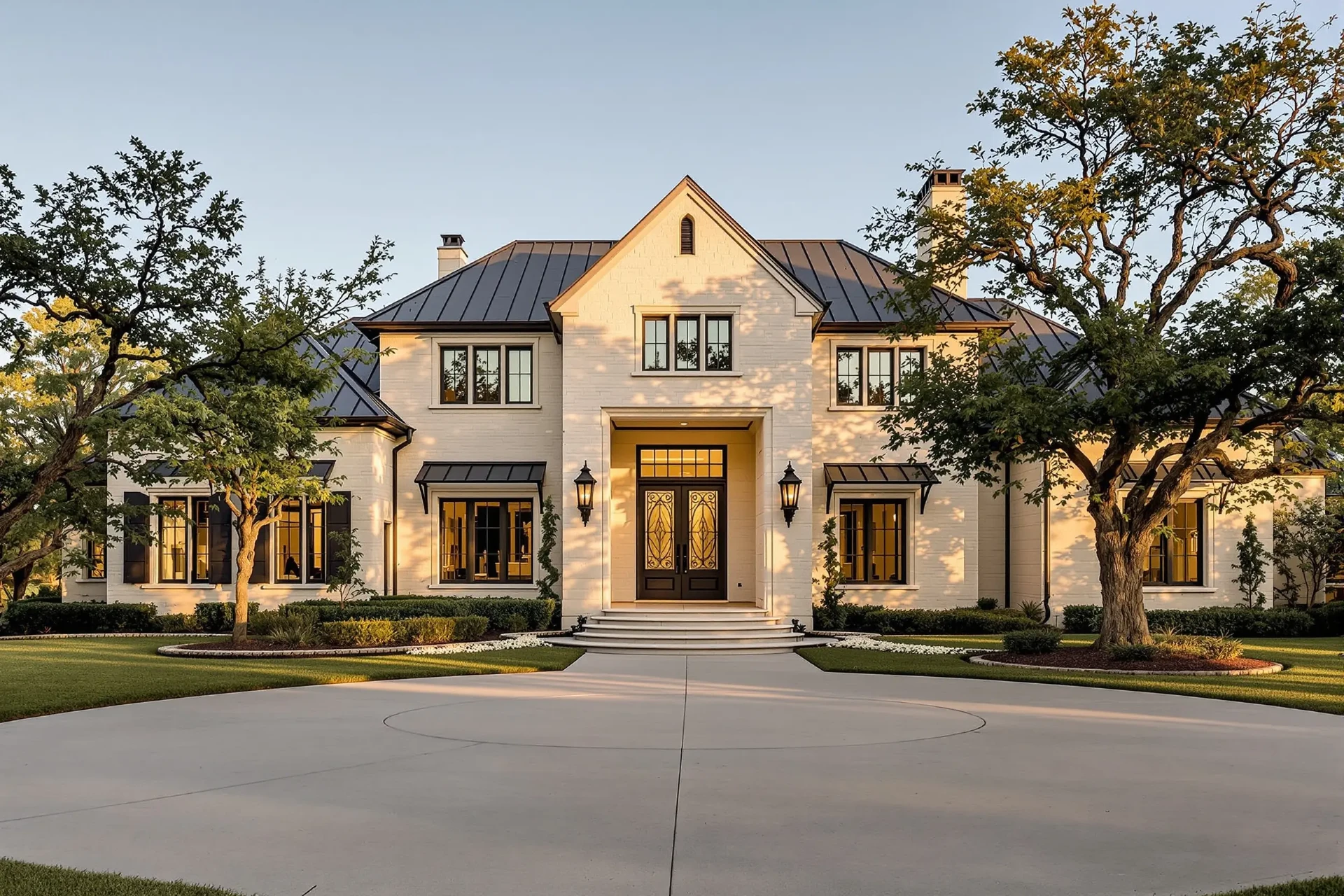 Finished custom home exterior with metal roof and concrete driveway in Dallas–Fort Worth, TX