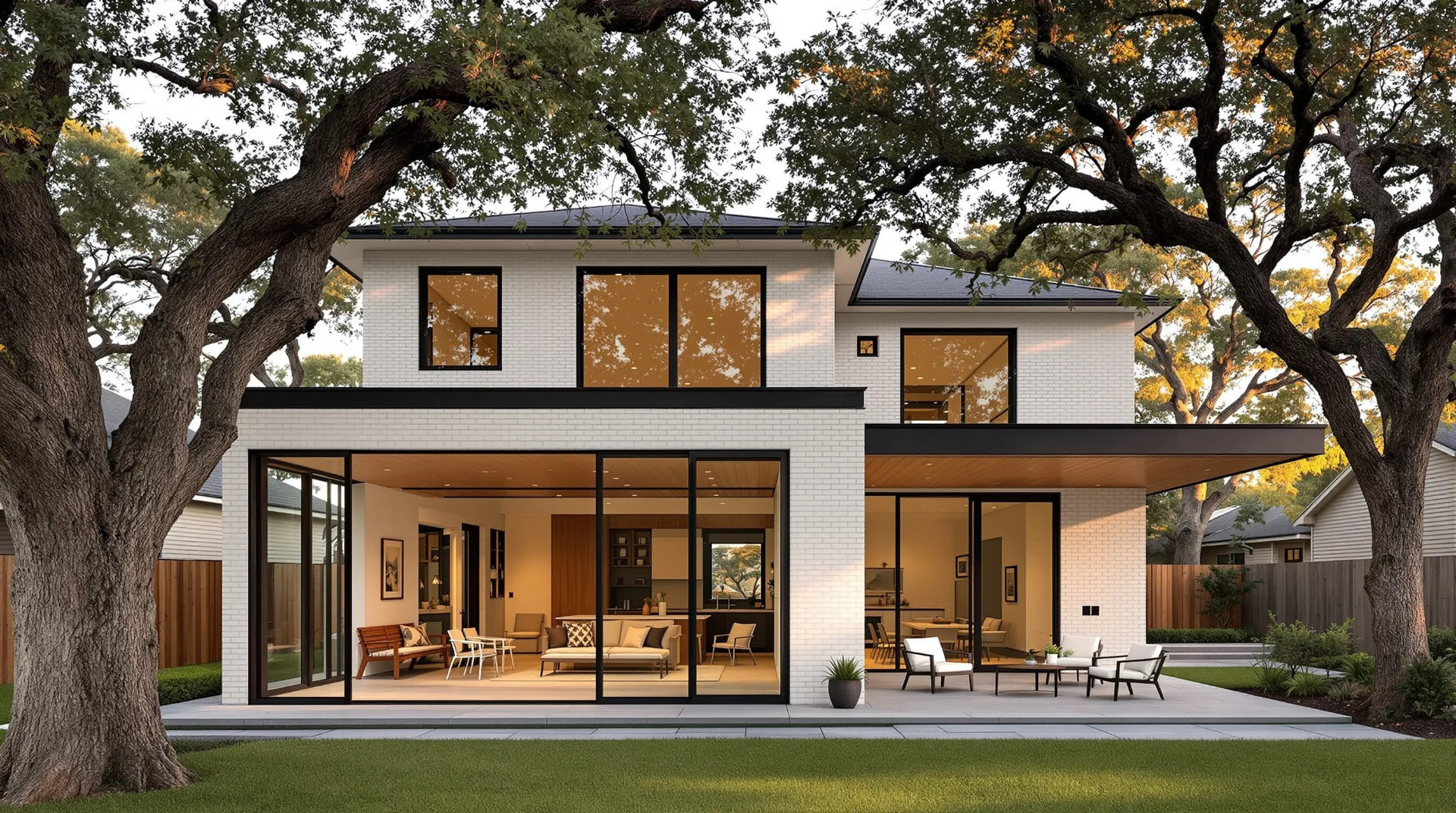 Modern white-brick home with covered patio and landscaping built by Roberts & Roberts General Contractors in Dallas–Fort Worth, TX